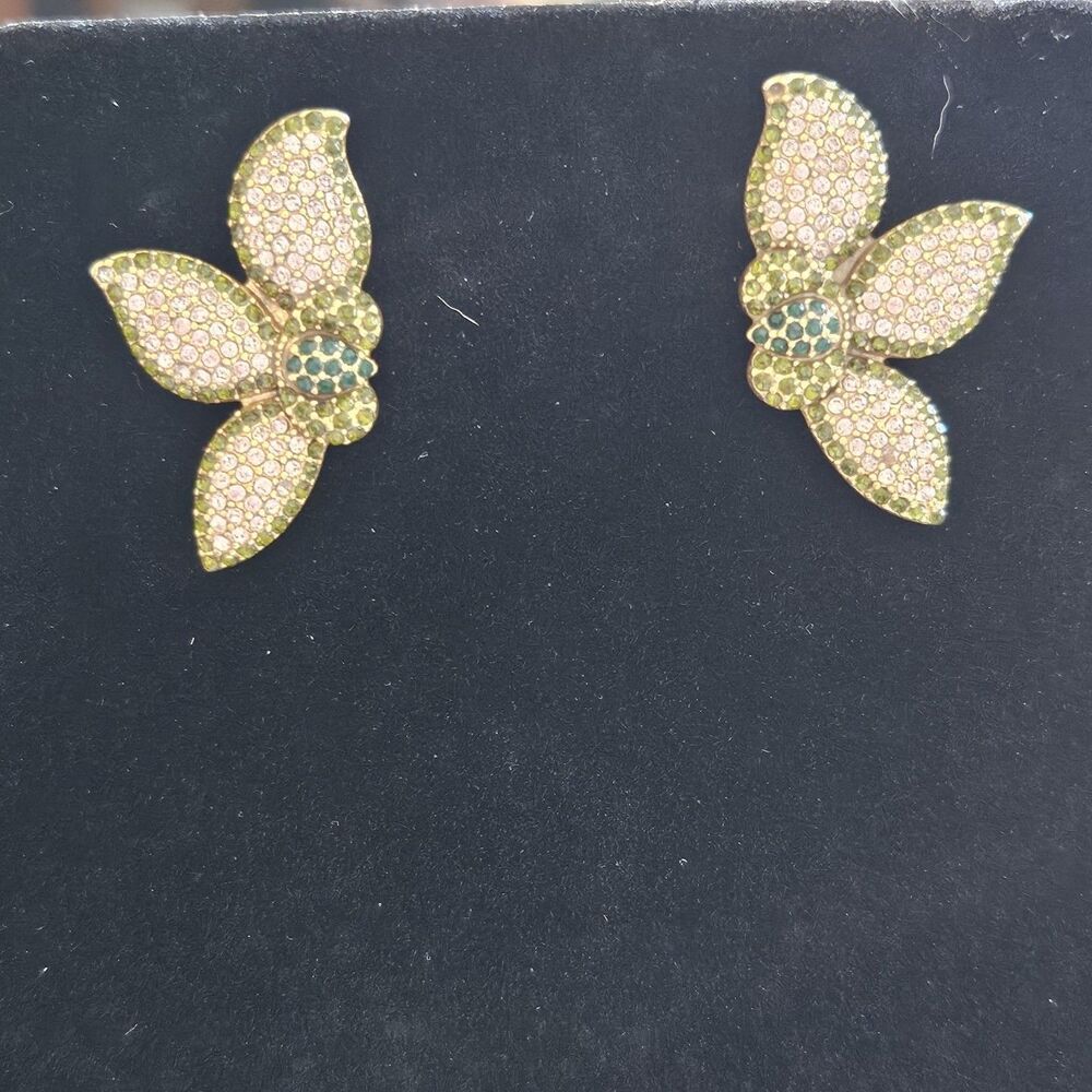 STELLA & DOT Flower Pink Green Pave Rhinestone Pierced Earrings - Picture 5 of 12